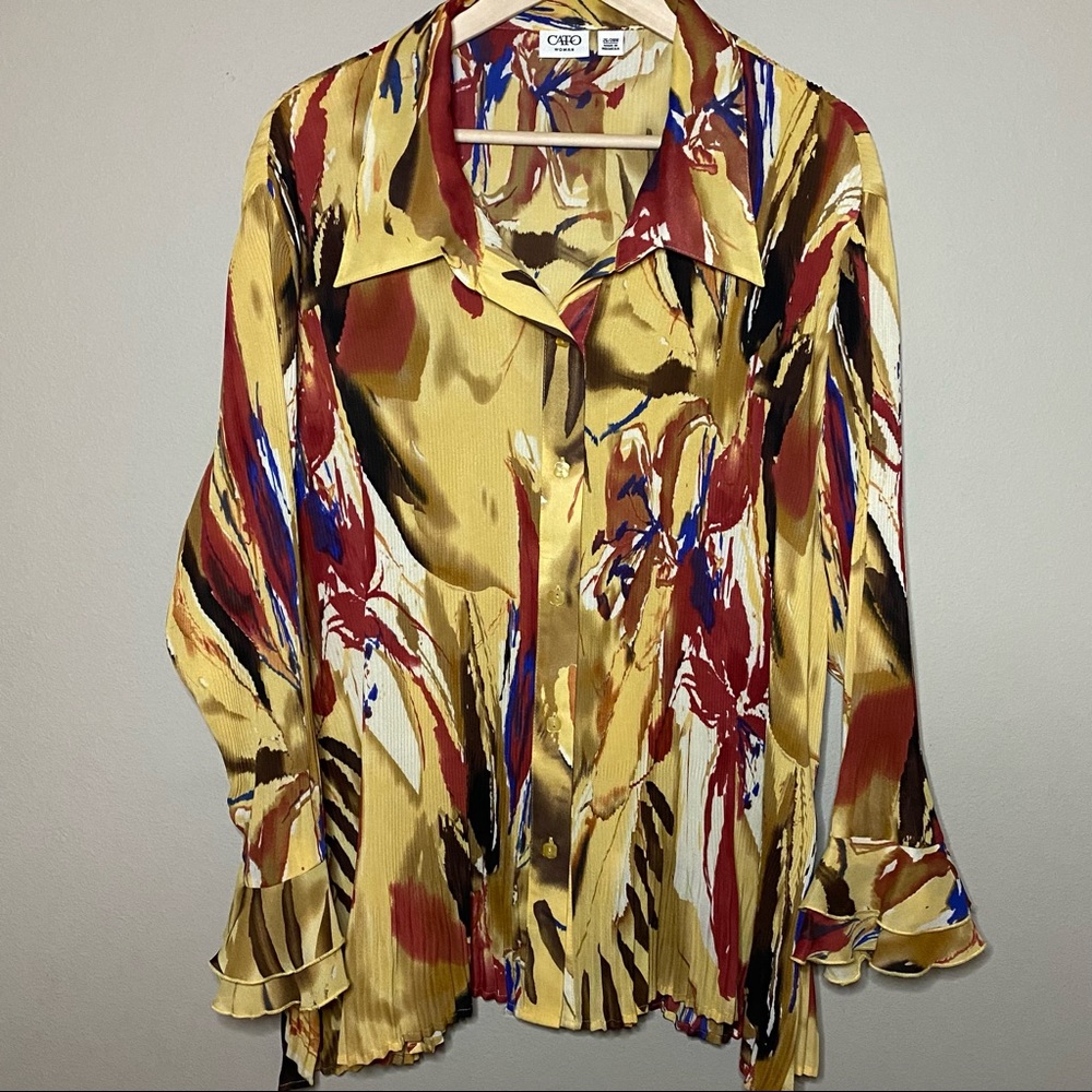 Cato Woman Blouse Top 26/28W Gold Blue Brown Tan Button Front Long Sleeve